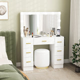 Makeup Vanity Desk with Mirror and Lights, Dressing Table with 7 Drawers, 6 Hidden Sliding Storage Compartments
