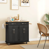 Kitchen Island on Wheels with Rubberwood Top, Rolling Kitchen Cart with 2 Drawers, 4 Doors and Adjustable Shelves