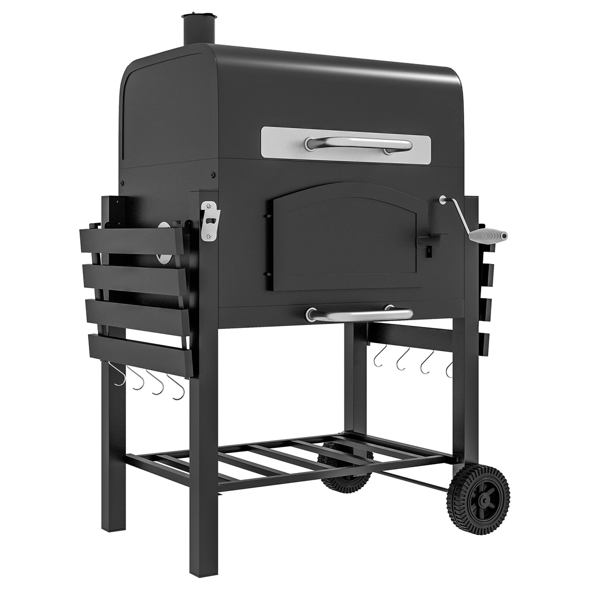 Charcoal Smoker Adjustable Height, Folding Shelves, and Wheels