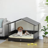 Rattan Dog House with Canopy, Wicker Dog Bed with Water-Resistant Cushion, for Small and Medium Breeds