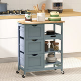 Chariot de cuisine à roulettes, desserte de cuisine mobile avec plateau en bois, 3 tiroirs et étagères pour la salle à manger