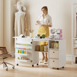 Rolling Sewing Machine Table with Power Outlet, Folding Craft Table with 2 Fabric Drawers, 2 Bins and 18 Pegs