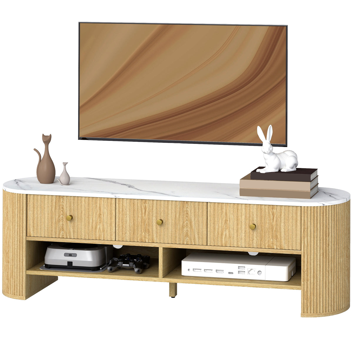 TV Stand, Modern TV Table with Marble-Effect Top, 3 Drawers and 2 Open Shelves for 32-65 Inch Television