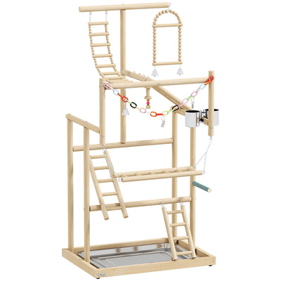 Bird Playground, 4 Layer Wooden Play Stand with Ladders, Stainless Steel Cups and Tray for Small Birds