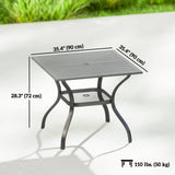 Outdoor Dining Table for 4, Shelf, Slatted Faux Wood Steel Top
