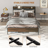 Queen Size Bed Frame with Charging Station, Queen Bed Frame with Upholstered Headboard and Storage Shelf