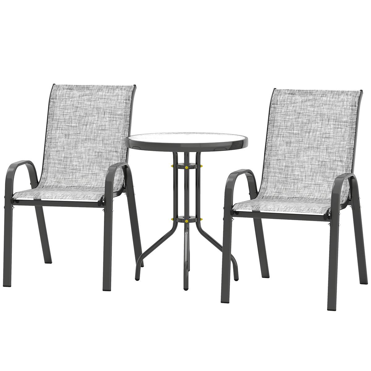 3 Pieces Bistro Set, Small Patio Furniture Set with Stackable Mesh Chairs, Glass Table for Garden