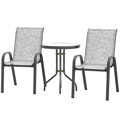 3 Pieces Bistro Set, Small Patio Furniture Set with Stackable Mesh Chairs, Glass Table for Garden