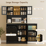 Kitchen Pantry Cabinet with Charging Station, 7 Gallon Trash Can Cabinet, Adjustable Shelves and Acrylic Doors