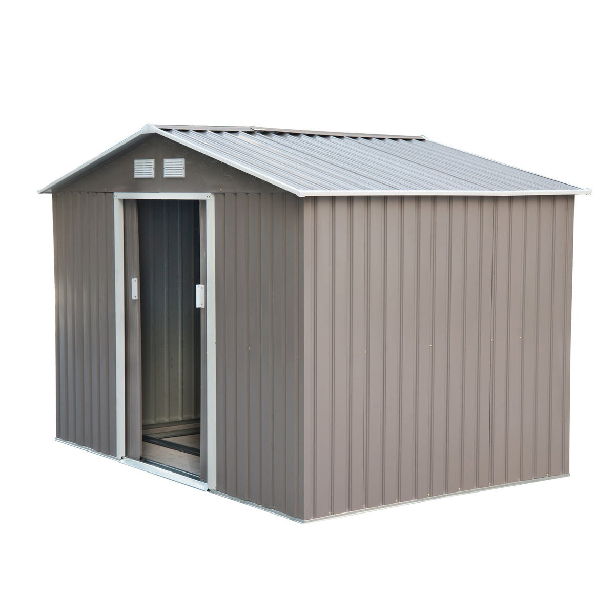 Remise de rangement de jardin 9'x6,3' avec fondation au sol, maison de rangement pour outils en métal gris blanc