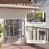Wooden Catio Outdoor, Cat Window Box Enclosure for 2-3 Large Cats with 2 Jumping Platforms & Scratching Post