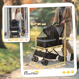 Foldable Cat Dog Travel Carriage, 4 Wheels Pet Stroller with EVA Wheel Brake, 3-stage Canopy, Mesh Window Door