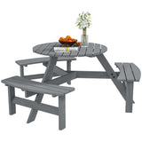 Ensemble table de pique-nique ronde 6 personnes avec bancs et trou pour parasol, Table de patio en bois avec 3 bancs intégrés pour jardin