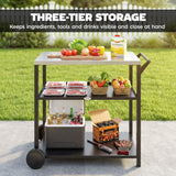 Outdoor Grill Cart with Stainless Steel Top, Three-Tier Pizza Oven Stand, BBQ Cart on Wheels
