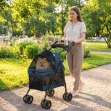 Foldable Pet Stroller for Small Dogs and Cats with 4 Wheels, Mesh Windows, Storage Tray
