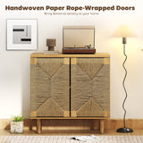 Handwoven Rope Accent Cabinet Boho Sideboard Buffet Cabinet with Push to Open Doors Adjustable Shelf Pine Wood Legs