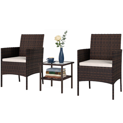 Wicker Bistro Set, 3 Piece Patio Furniture Set with 2-Tier Glass Top Table