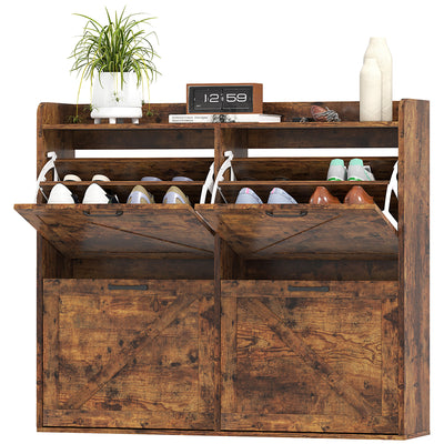 Narrow Shoe Storage Cabinet with 4 Flip Drawers, Adjustable Shelves, 16 Pair Farmhouse Shoe Cabinet