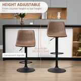 Adjustable Counter Height Bar Stools Set of 2, 360° Swivel Kitchen Counter Stools Dining Chairs with Backs, Vintage Leather