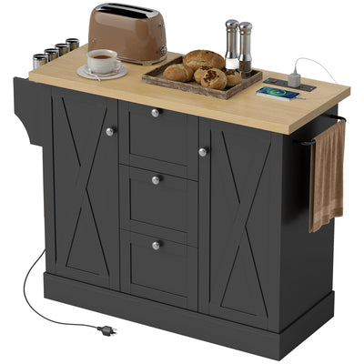 Farmhouse Kitchen Island Cart with Power Outlet and Soft-Close Doors, 49