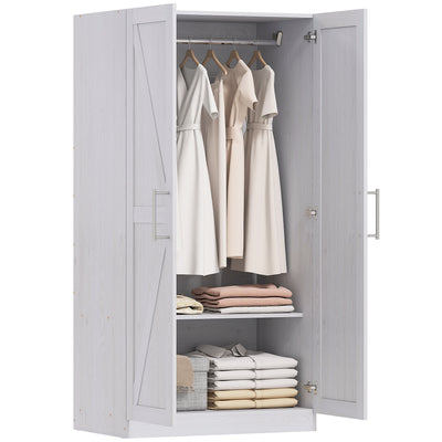 Wardrobe Cabinet with Hanging Rod, Anti-Tipping and 2 Barn Doors
