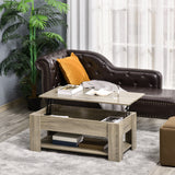 Table basse relevable avec compartiment de rangement dissimulé et étagère ouverte