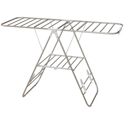 Clothes Drying Rack, 2-Tier Stainless Steel Foldable Laundry Rack with Adjustable Wings and Shoe Holders