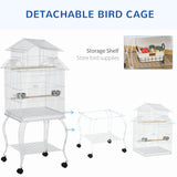 Grande cage à oiseaux roulante en acier 53,9'' Maison à oiseaux avec support roulant amovible, Étagère de rangement, Perchoir en bois