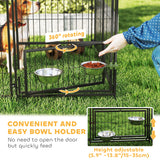 Outdoor Dog Kennel with 2 Rooms, Rotating & Adjustable Height Bowls