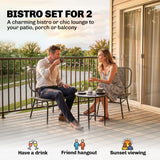 Ensemble de mobilier de patio en rotin 3 pièces, ensemble bistro extérieur avec table en acier