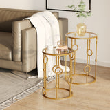 Lot de 2 tables basses rondes, tables d'appoint gigognes dorées avec plateau en verre trempé, cadre en acier pour salon