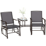 Double Patio Glider Chair with Glass Top Center Table, Outdoor Glider Loveseat with High Back, All Weather Breathable Mesh Fabric for Garden