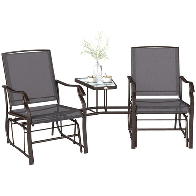 Double Patio Glider Chair with Glass Top Center Table, Outdoor Glider Loveseat with High Back, All Weather Breathable Mesh Fabric for Garden