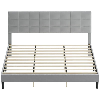 King Size Bed Frame with Upholstered Headboard, Modern Platform Bed Frame with Wood Slats, 1100 lbs Capacity