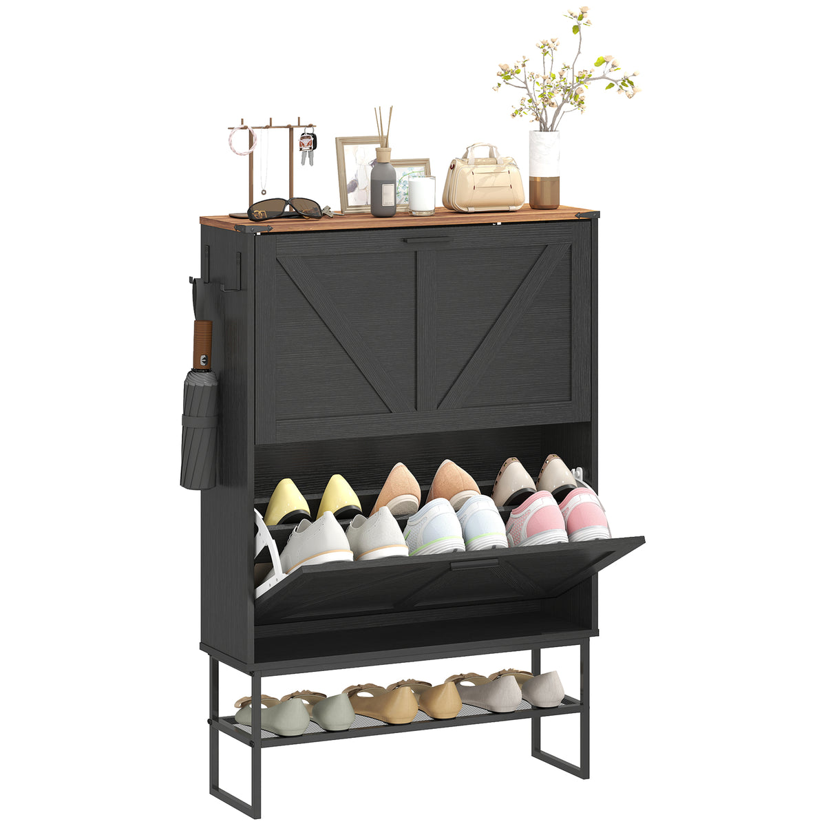 Narrow Shoe Storage Cabinet with 2 Flip Drawers, Slim Shoe Cabinet for 15-20 Pairs