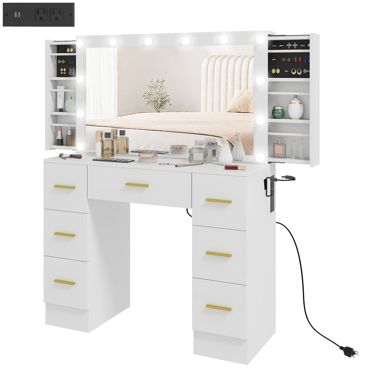 Makeup Vanity Desk with Mirror and Lights, Dressing Table with 7 Drawers, 6 Hidden Sliding Storage Compartments