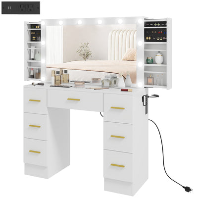 Makeup Vanity Desk with Mirror and Lights, Dressing Table with 7 Drawers, 6 Hidden Sliding Storage Compartments