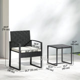 Outdoor Bistro Set, 3 Piece Wicker Patio Furniture Set with Glass Top Table and Cushions for Porch