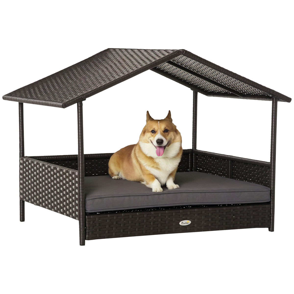 Rattan Dog House with Canopy, Wicker Dog Bed with Water-Resistant Cushion, for Small and Medium Breeds