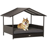 Rattan Dog House with Canopy, Wicker Dog Bed with Water-Resistant Cushion, for Small and Medium Breeds