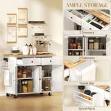 Kitchen Island with Storage, Rolling Trolley Cart with Rubber Wood Top, Spice Rack