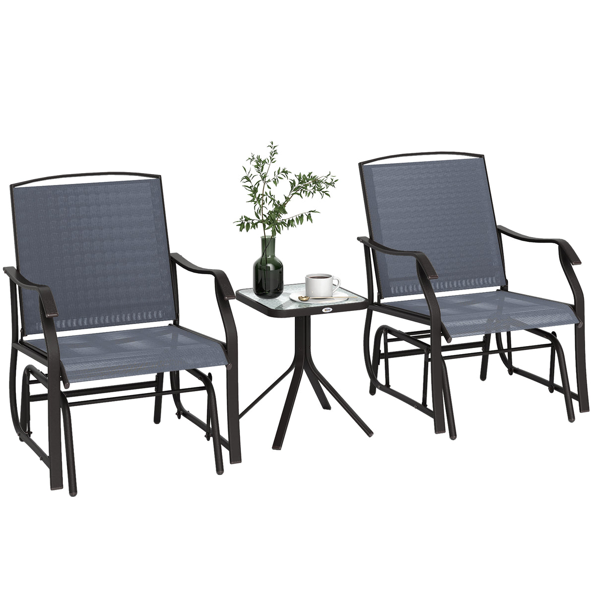 3 Piece Patio Glider Set Outdoor Gliders with Breathable Mesh Seat, Glass Top Table for Garden