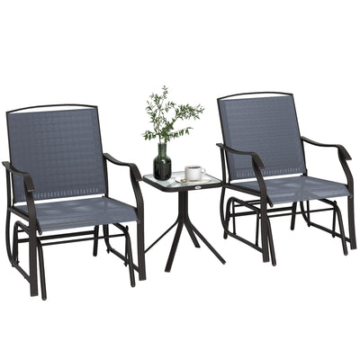 3 Piece Patio Glider Set Outdoor Gliders with Breathable Mesh Seat, Glass Top Table for Garden