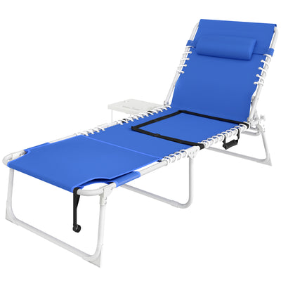 Tanning Chair with Face Hole and Side Table, Folding Outdoor Lounge Chair with Carry Straps
