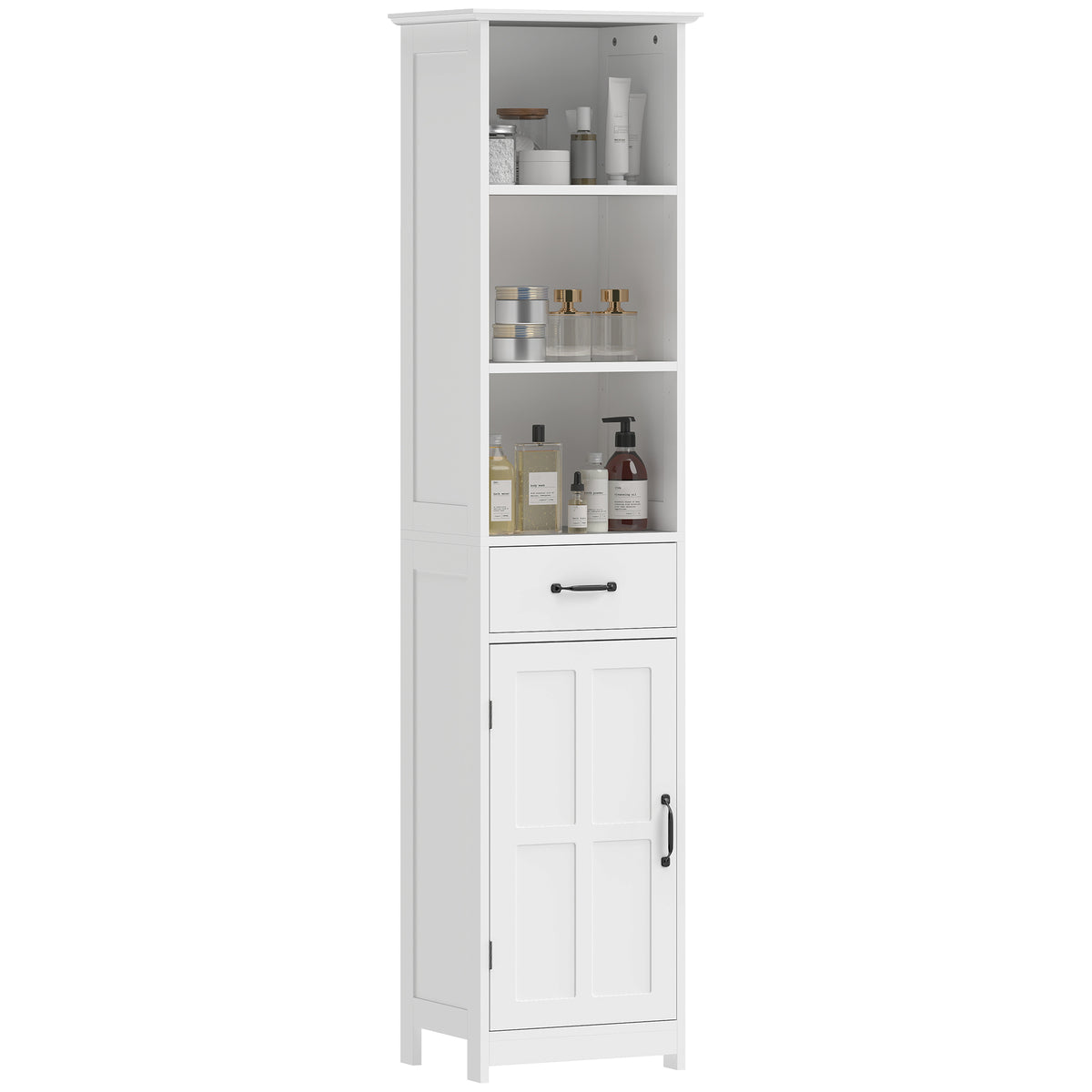 Meuble-lavabo de salle de bain moderne, Meuble-lavabo étroit avec 3 étagères ouvertes, tiroir et étagère réglable