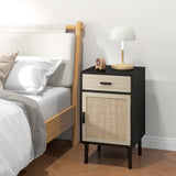 Boho Bedside Tables Set of 2, Nightstands with Drawer, Rattan Cabinet, Adjustable Shelf for Bedroom