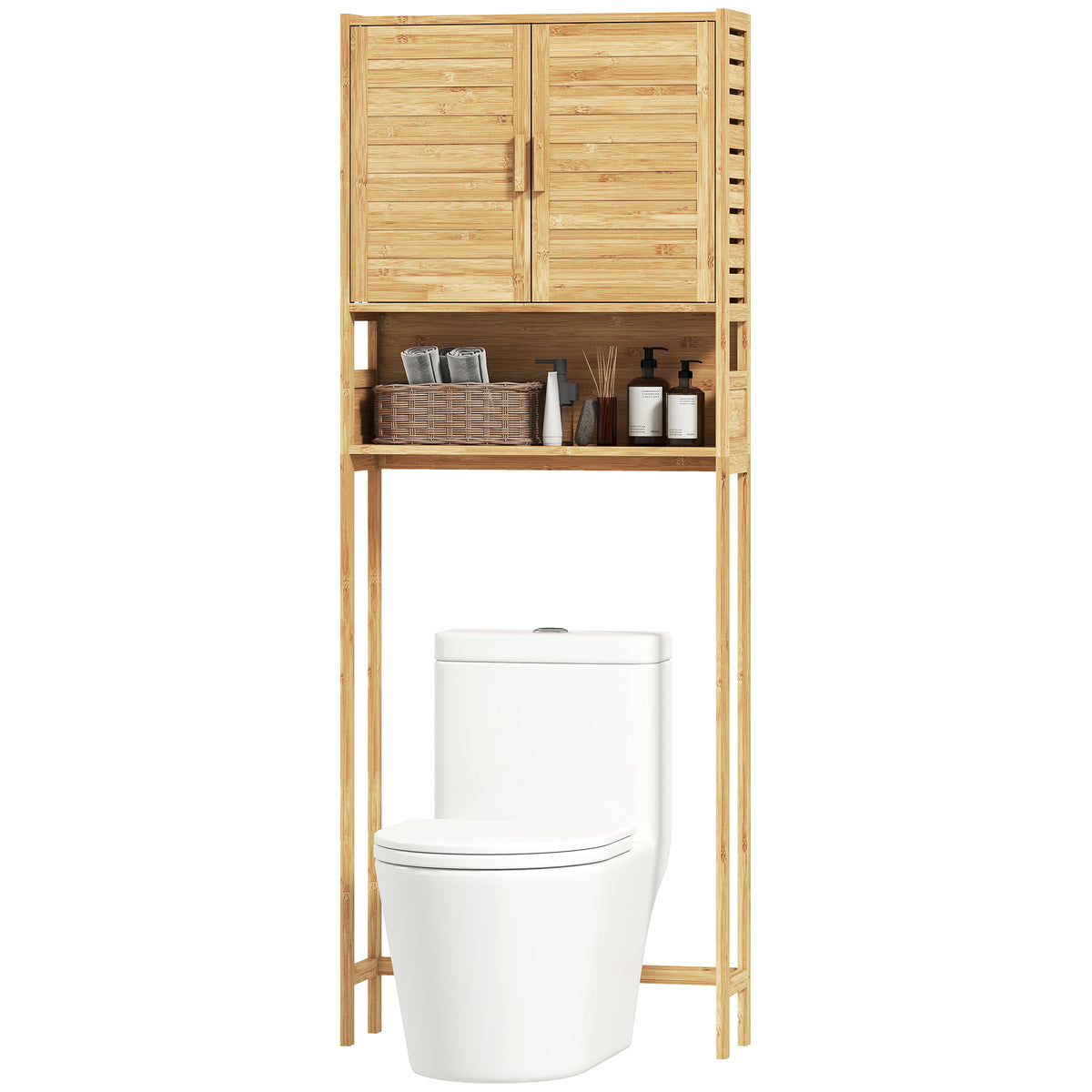 Over the Toilet Cabinet, Bathroom Organizer with 2 Doors, Open Compartment and Adjustable Shelf