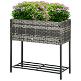 Rattan Raised Garden Boxes, Elevated Flower Beds with Storage Shelf for Herbs