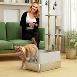 XL Stainless Steel Cat Litter Box for Big and Multiple Cats with High Wall Side