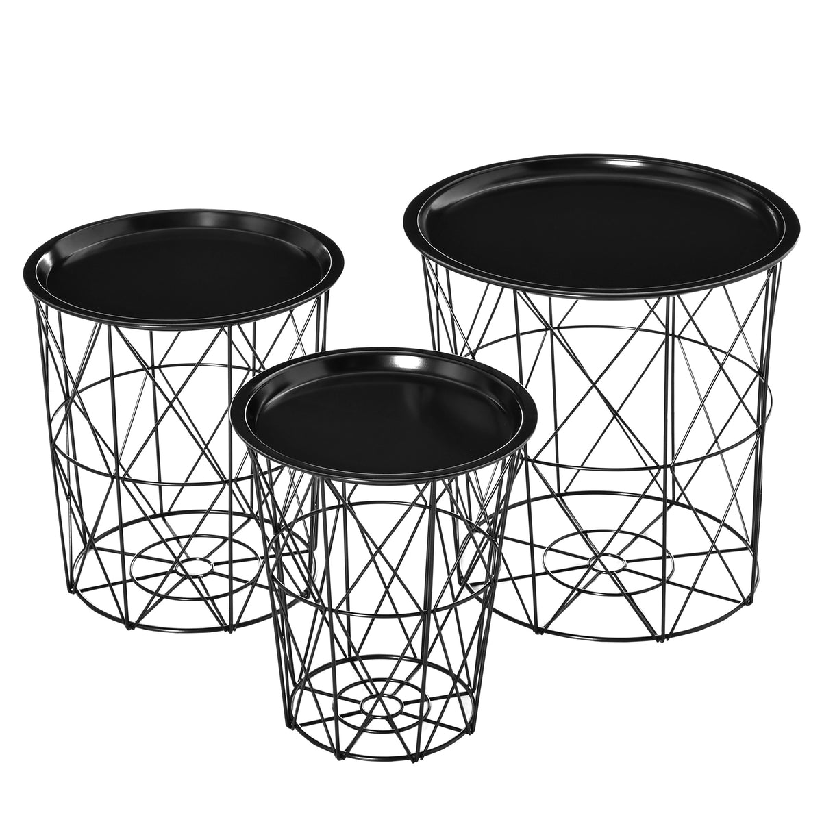 Ensemble de 3 tables gigognes avec rangement, table d'appoint ronde avec plateau amovible, tables d'appoint panier avec cadre métallique pour salon